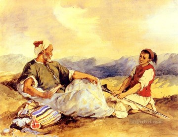  sea Painting - Two Moroccans Seated In The Countryside Romantic Eugene Delacroix